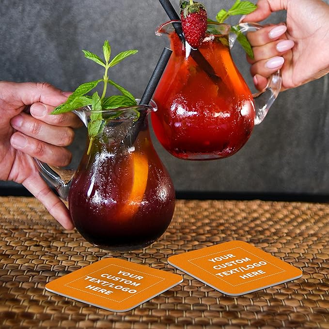 10 Squared Foam Coasters Pack, 4 inch - Customizable Text, Logo - PU Foam, Foldable - Neon Orange