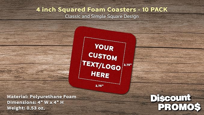 10 Squared Foam Coasters Pack, 4 inch - Customizable Text, Logo - PU Foam, Foldable - Red