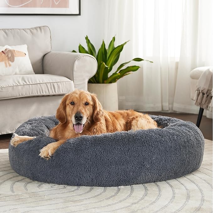 Bedsure Calming Dog Bed for Extra Large Dogs - Donut Washable Large Pet Bed, 45 inches Anti-Slip Round Fluffy Plush Faux Fur Dog Bed, Fits up to 120 lbs Pets, Dark Grey