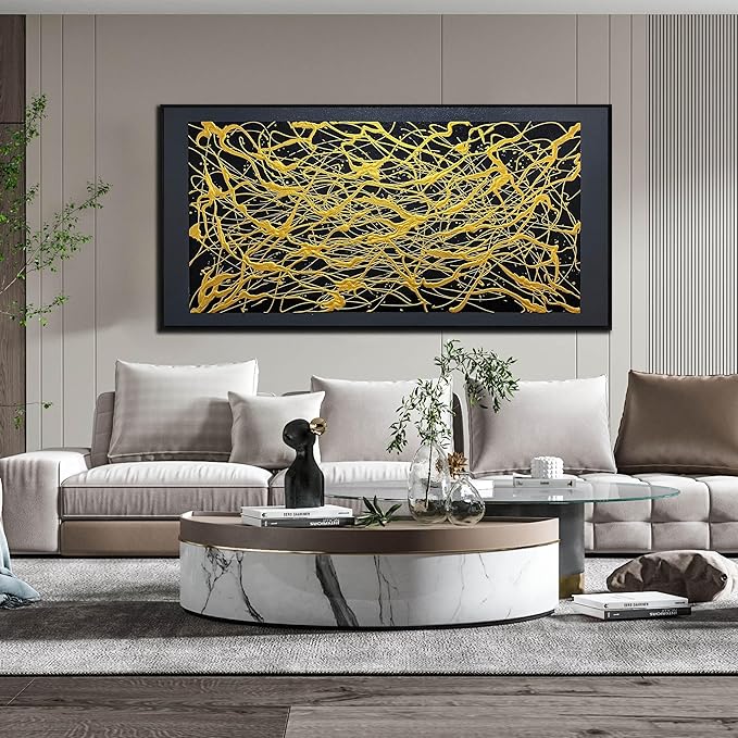 Abstract Black and Gold Hand Painted Wall Art for Living Room - Modern Large Canvas Wall Art for Office - Large Picture Frames for Wall Size 29" x 59"