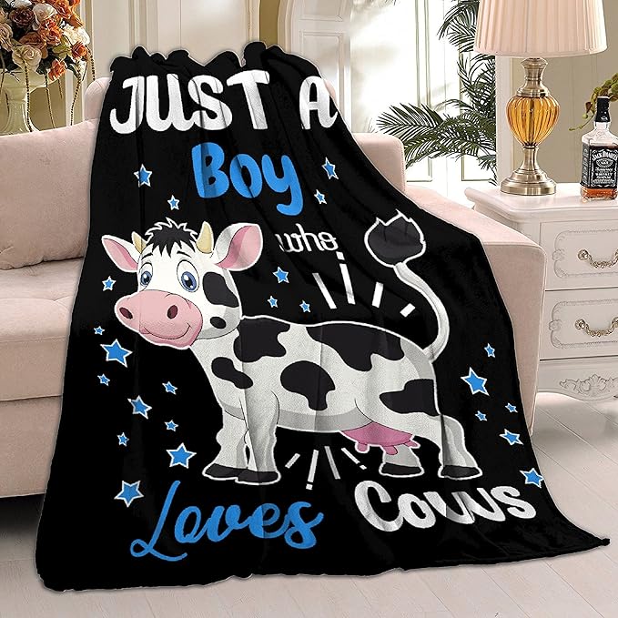 Just A Boy Who Loves Cows Blanket Soft Blankets and Throws Flannel Cozy Lightweight Quilt Gift Perfect for Bed Sofa Couch-60 x50 Medium for Teen