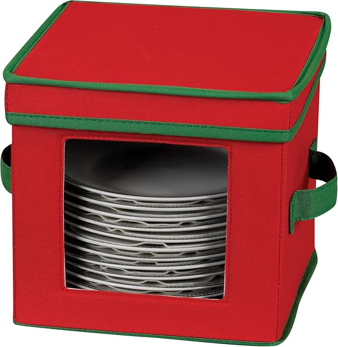 Household Essentials 532RED Holiday China Dinnerware Storage for Dessert Plates or Bowls | Removable Lid | Red Canvas with Green Trim, 1 Count (Pack of 2), Red & Green