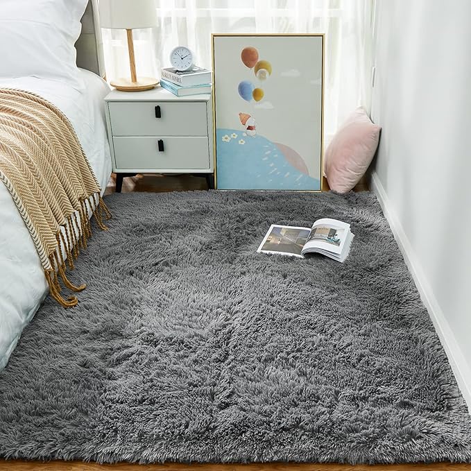 Ophanie Area Rugs for Living Room Bedroom, Upgrade Non-Slip Fluffy Soft Grey Shag Carpet, Indoor Floor Gray 4x6 Fuzzy Shaggy Living Room Plush Rug for Kids Home Dorm Decor Aesthetic