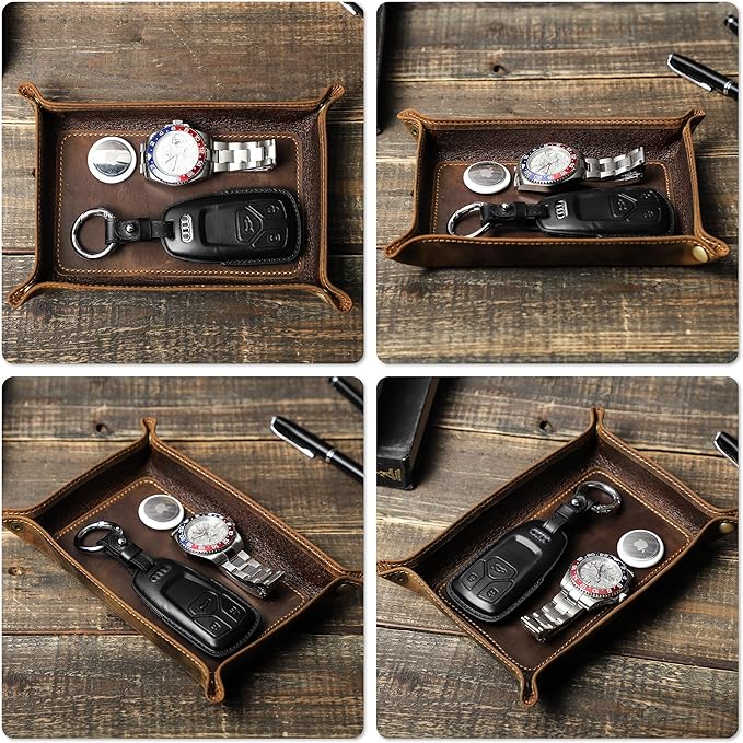 Top Grain Leather Desk Valet Tray Organizer for Man & Woman, Handmade Vintage Design, Foldable Design with Snap Buttons, Desk Organizer for Wallets/Watches/Keys/Coins/Office Supplies, Coffee, Medium