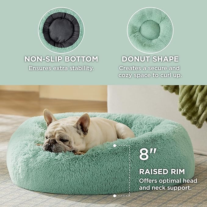 Bedsure Calming Dog Bed for Medium Dogs - Donut Washable Medium Pet Bed, 30 inches Anti-Slip Round Fluffy Plush Faux Fur Cat Bed, Fits up to 45 lbs Pets, Apple Green
