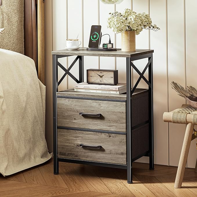 Huuger Night Stand with Charger Station, 2 Drawer Nightstand with Open Shelf, Bed Side Table with USB-C Port, End Table, Compact Size for Small Spaces, X Shaped Side Rail, Oak