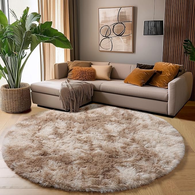 Amdrebio Tie-Dyed Beige Tan Round Circle Area Rug 5Ft for Bedroom, Fluffy Plush Shag Furry Rugs for Kids Room, Living Room Decor Aesthetic, Cute Fuzzy Neutral Carpet for Baby Nursery Playroom Dorm