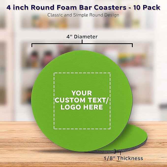 10 Round Foam Bud Coasters Pack, 4 inch - Customizable Text, Logo - PU Foam, Party Favor - Lime Green