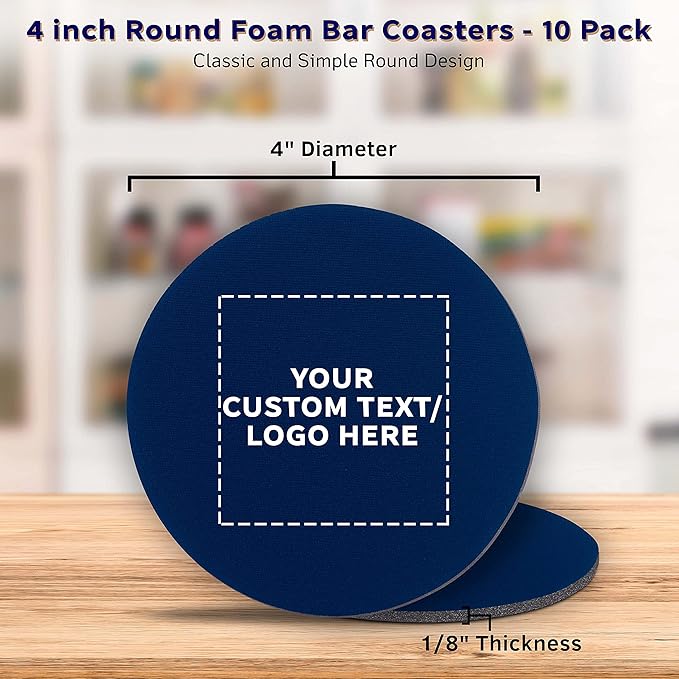 10 Round Foam Bud Coasters Pack, 4 inch - Customizable Text, Logo - PU Foam, Party Favor - Navy Blue