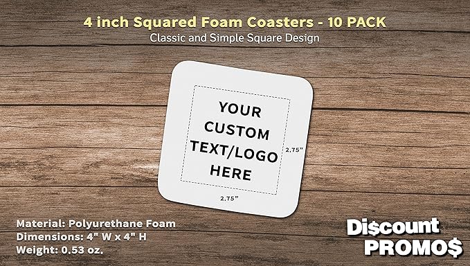 10 Squared Foam Coasters Pack, 4 inch - Customizable Text, Logo - PU Foam, Foldable - White
