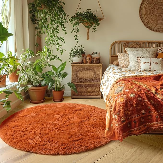 Amdrebio Burnt Orange Small Round Circle Rug 3Ft for Bedroom Living Room Aesthetic, Fluffy Fuzzy Furry Shaggy Area Rugs for Kids Room Decor, Plush Shag Dark Orange Carpet for Nursery Dorm Classroom