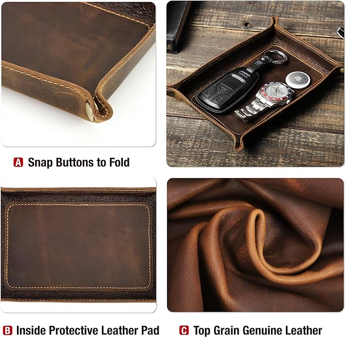 Top Grain Leather Desk Valet Tray Organizer for Man & Woman, Handmade Vintage Design, Foldable Design with Snap Buttons, Desk Organizer for Wallets/Watches/Keys/Coins/Office Supplies, Coffee, Medium