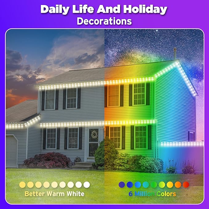 200FT Smart RGB Outdoor Lights - IP67 Waterproof LED Strip Lights with App/Remote Control, for Holiday Decor, Garden, Patio & Home Accent Lighting (Permanent Installation)