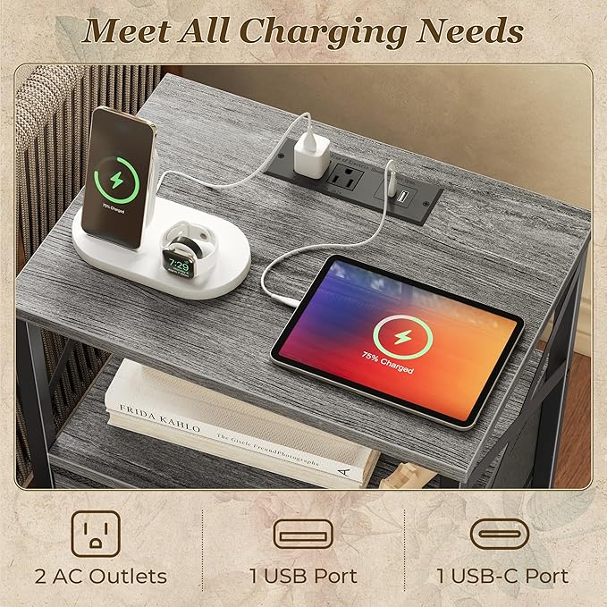 Huuger Night Stand with Charger Station, 2 Drawer Nightstand with Open Shelf, Bed Side Table with USB-C Port, End Table, Compact Size for Small Spaces, X Shaped Side Rail, Grey