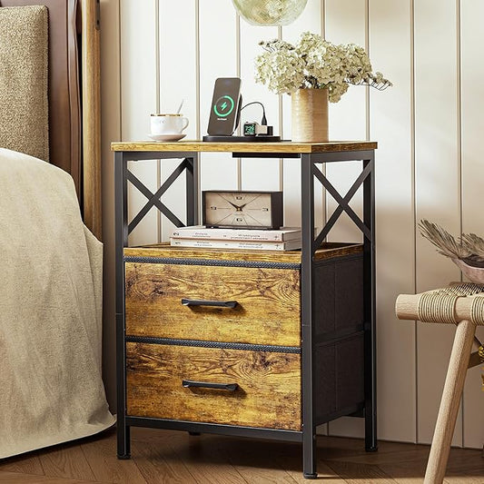 Huuger Night Stand with Charger Station, 2 Drawer Nightstand with Open Shelf, Bed Side Table with USB-C Port, End Table, Compact Size for Small Spaces, X Shaped Side Rail, Brown