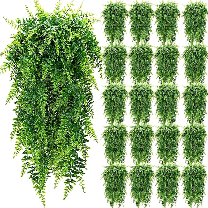 Geosar 20 Pcs Artificial Hanging Plants 32 Inch Hanging Boston Ferns Plastic Fake Plants for Wall Room Garden Wedding Garland Indoor Outdoor Decoration, No Basket