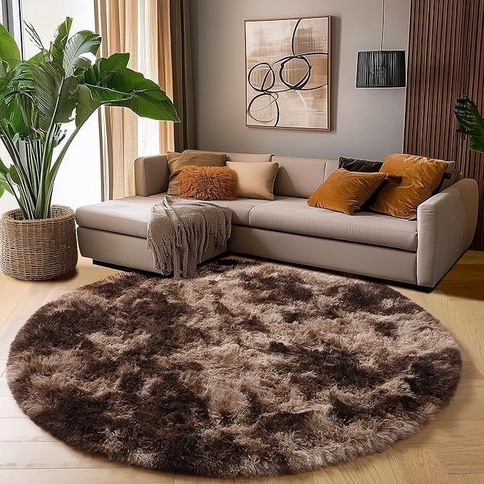 Amdrebio Tie-Dyed Brown Round Circle Rugs 5Ft for Bedroom, Fluffy Shag Plush Area Rugs for Kids Room, Living Room Decor Aesthetic, Fuzzy Fur Throw Floor Carpet for Playroom Preppy Dorm Baby Nursery