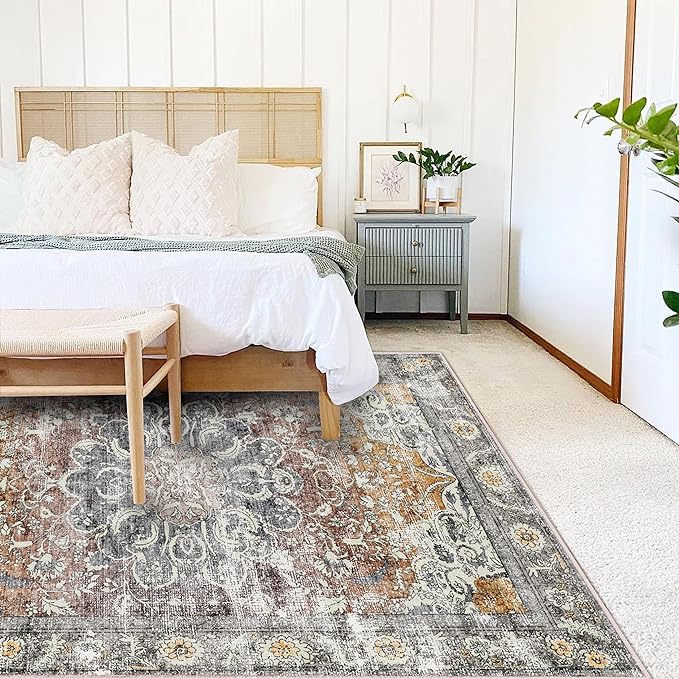 Area Rug 5x7 Washable Rug Brown Vintage Traditional Floor Cover Foldable Thin Retro Kitchen Accent Indoor Distressed Non Slip Carpet Bedroom Living Room Bathroom