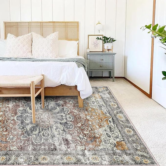 Area Rug 5x7 Washable Rug Brown Vintage Traditional Floor Cover Foldable Thin Retro Kitchen Accent Indoor Distressed Non Slip Carpet Bedroom Living Room Bathroom