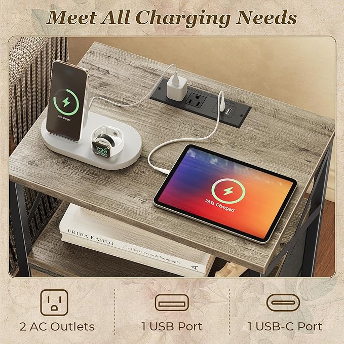 Huuger Night Stand with Charger Station, 2 Drawer Nightstand with Open Shelf, Bed Side Table with USB-C Port, End Table, Compact Size for Small Spaces, X Shaped Side Rail, Oak