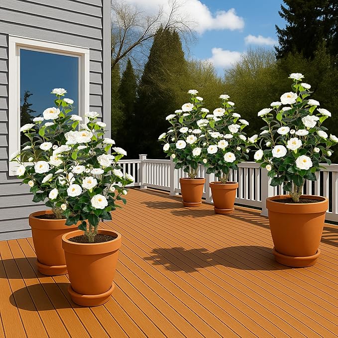[2-Pack] 37’’ Artificial Camellia Tree with White Flowers, Faux Potted Plant for Indoor & Outdoor Decor, Lifelike Greenery for Home, Office, Porch, or Patio (White)