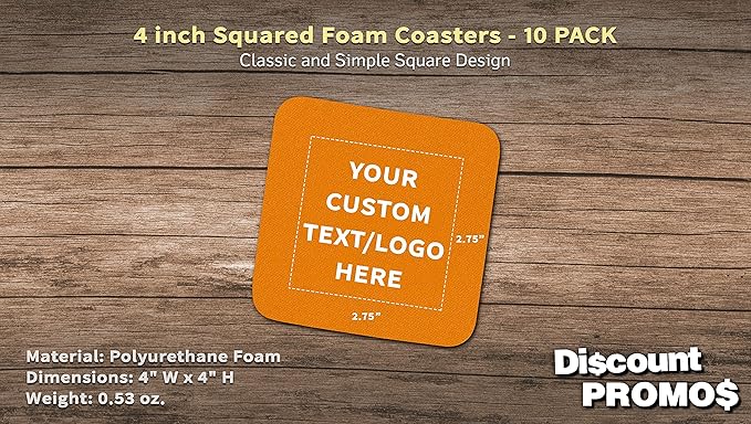 10 Squared Foam Coasters Pack, 4 inch - Customizable Text, Logo - PU Foam, Foldable - Neon Orange