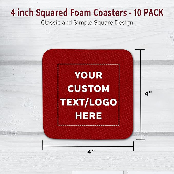 10 Squared Foam Coasters Pack, 4 inch - Customizable Text, Logo - PU Foam, Foldable - Red