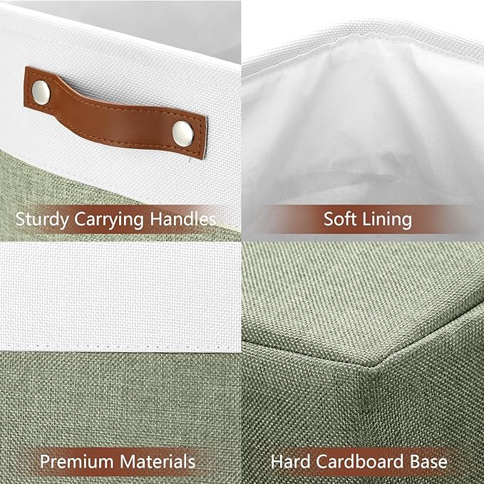 DULLEMELO Extra Large Storage Baskets, 17"x12"x15" Fabric Storage Bins for Organizing Shelves Nursery Toys Books, Collapsible Storage Baskets Rectangular Canvas Bins with Handles, White&Green, 2-Pack