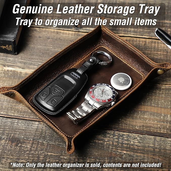Top Grain Leather Desk Valet Tray Organizer for Man & Woman, Handmade Vintage Design, Foldable Design with Snap Buttons, Desk Organizer for Wallets/Watches/Keys/Coins/Office Supplies, Coffee, Medium