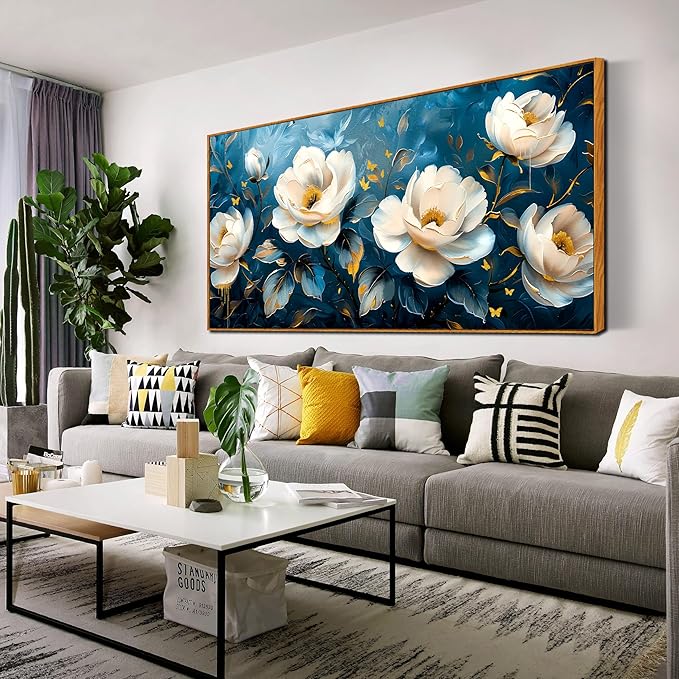 Flower Canvas Wall Art for Living Room - Blue and White Wall Decor for Bedroom - Large Picture Frames for Wall 29" x 59"
