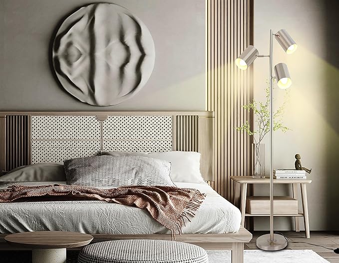 Tree Floor Lamp with 3 Light Bulbs,Nickel Standing Tall Pole Lamp with 3 Adjustable Rotating Lights,Farmhouse Floor Lamp for Living Room Bedroom Office,Vintage Standing Lamp 9W E26 LED Bulbs Included.