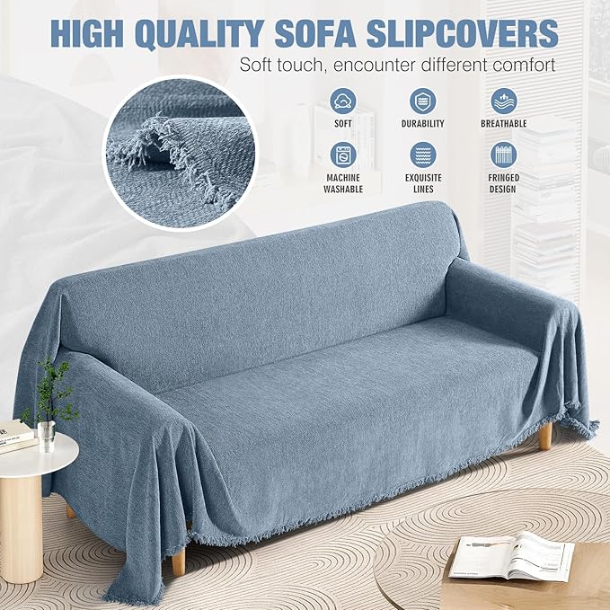 KinCam Couch Covers for 3-4 Cushion Couch Sofa Cover Washable Sectional Couch Cover for Dogs Tassel Sofa Blanket Cover Pet Friendly Soft and Durable for Most Furniture(71" x 150", Blue)