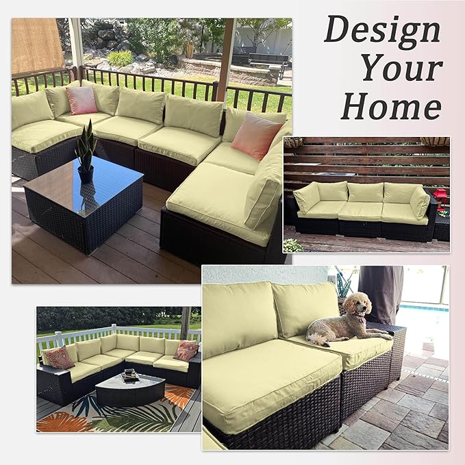 14 Pcs Outdoor Patio Cushion Covers, Replaceable Waterproof Furniture Covers, Outdoor Non-Slip Covers with Zippers, Couch 3 Sizes, Covers Only (Light Yellow)