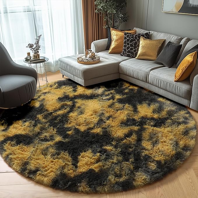 Amdrebio Black Gold Yellow Grey Round Circle Rugs 5Ft for Bedroom Living Room Decor, Fluffy Furry Area Rug for Kids Room Dorm Home Office, Modern Cool Leopard Cheetah Shag Carpet for Teen Boys Men