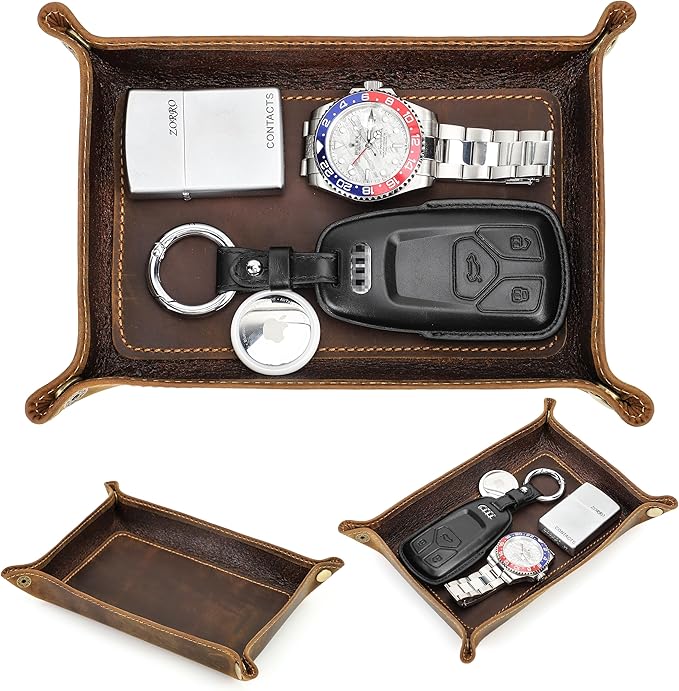 Top Grain Leather Desk Valet Tray Organizer for Man & Woman, Handmade Vintage Design, Foldable Design with Snap Buttons, Desk Organizer for Wallets/Watches/Keys/Coins/Office Supplies, Coffee, Medium