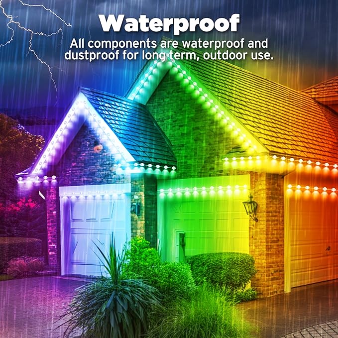 200FT Smart RGB Outdoor Lights - IP67 Waterproof LED Strip Lights with App/Remote Control, for Holiday Decor, Garden, Patio & Home Accent Lighting (Permanent Installation)