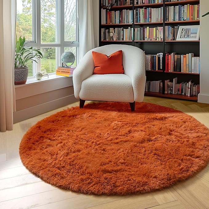 Amdrebio Burnt Orange Small Round Circle Rug 3Ft for Bedroom Living Room Aesthetic, Fluffy Fuzzy Furry Shaggy Area Rugs for Kids Room Decor, Plush Shag Dark Orange Carpet for Nursery Dorm Classroom