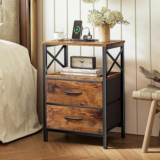 Huuger Nightstands Set of 2, Night Stand with Charger Station, 2 Drawer Side Table with Open Shelf, USB-C Port, End Table for Small Spaces, X Shaped Side Rail, Rustic Brown