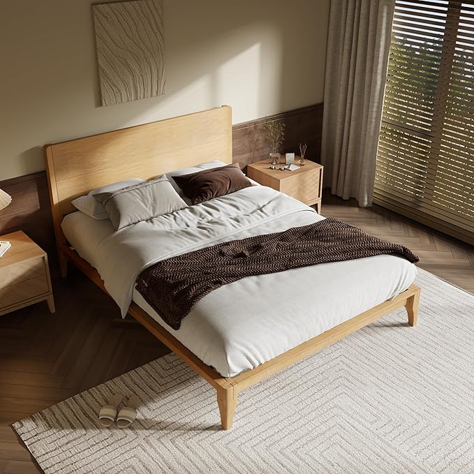 Merax King Size Bamboo Platform Bed, Mid-Century Modern Bed Frame with Tall Headboard, Solid Sustainable Bedframe King-Size, Wood Slat Support, No Box Spring Needed, Easy Assembly, Natural