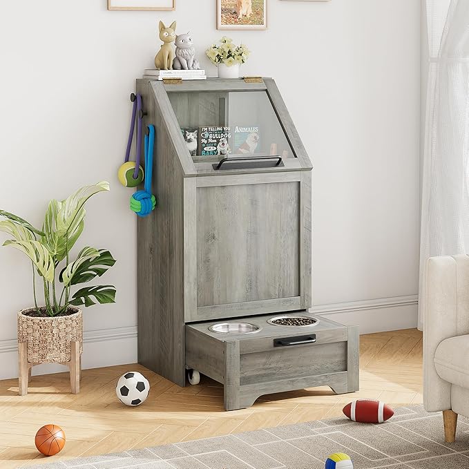 Dog Feeding Station with Storage - Large Capacity Dog Food Storage Cabinet with 2 Removable Stainless Steel Bowls, Flip Top Pet Food Container Toy Storage Organizer - Grey