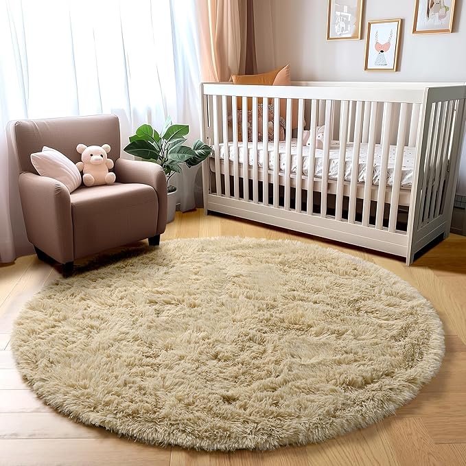 Amdrebio Beige Round Area Rug 6Ft for Living Room Bedroom, Fluffy Plush Shag Furry Circle Rugs for Kids Room Decor Aesthetic, Fuzzy Tan Neutral Circular Carpet for Baby Nursery Classroom Teens Dorm