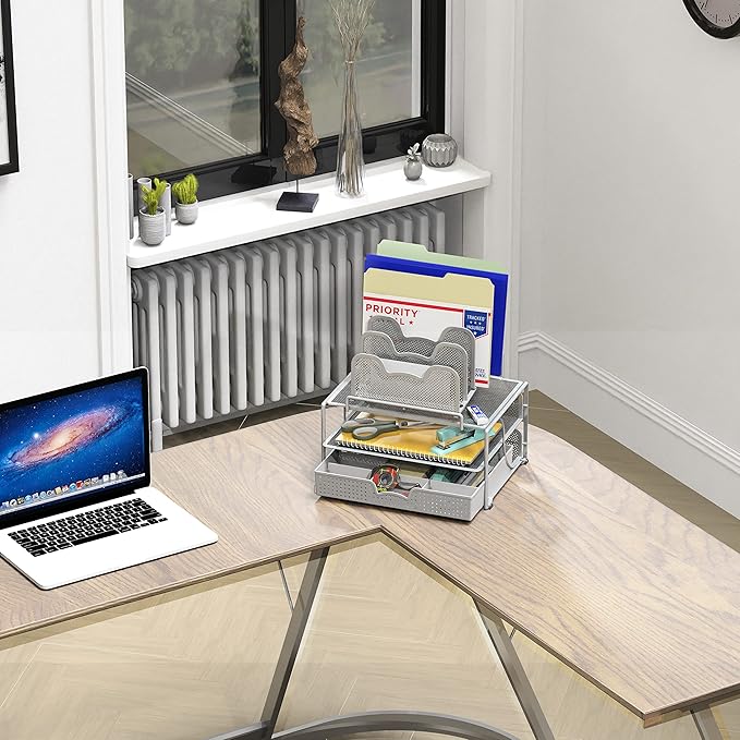 Simple Houseware Mesh Desk Organizer with Sliding Drawer, Double Tray and 5 Stacking Sorter Sections, Silver