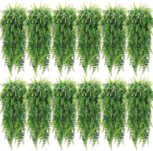 Geosar 12 Pcs Artificial Hanging Plants 32 Inch Hanging Boston Ferns Plastic Fake Plants for Wall Room Garden Wedding Garland Indoor Outdoor Decoration, No Basket
