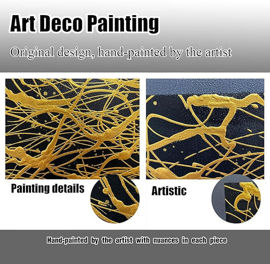 Abstract Black and Gold Hand Painted Wall Art for Living Room - Modern Large Canvas Wall Art for Office - Large Picture Frames for Wall Size 29" x 59"