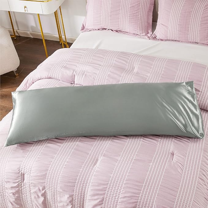 Bedsure Satin Body Pillow Pillowcase - Similar to Silk Body Pillow Cover Case with Envelope Closure,Cooling and Silky Long Pillowcase for Hair and Skin,Grey,20x54 Inches