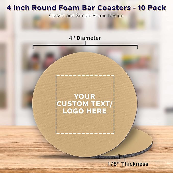 10 Round Foam Bud Coasters Pack, 4 inch - Customizable Text, Logo - PU Foam, Party Favor - Khaki
