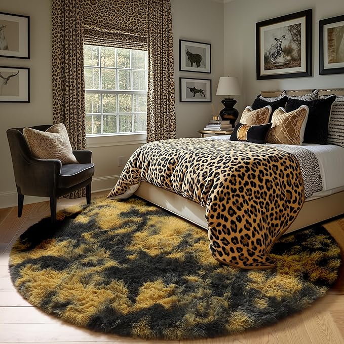 Amdrebio Black Gold Yellow Grey Round Circle Rugs 5Ft for Bedroom Living Room Decor, Fluffy Furry Area Rug for Kids Room Dorm Home Office, Modern Cool Leopard Cheetah Shag Carpet for Teen Boys Men