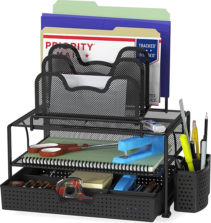 Simple Houseware Mesh Desk Organizer with Sliding Drawer, Double Tray and 5 Stacking Sorter Sections, Black