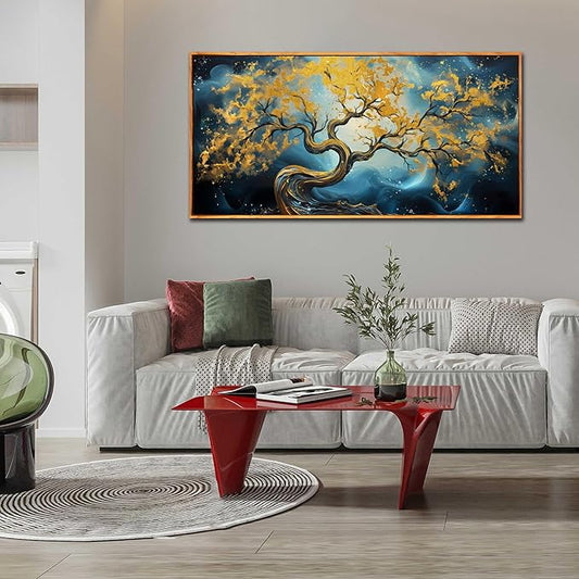 Gold Trees Canvas Painting Wall Art Living Room - Abstract Office Wall Art with Wooden Picture Frames Ready to Hang Size 29" x 59"
