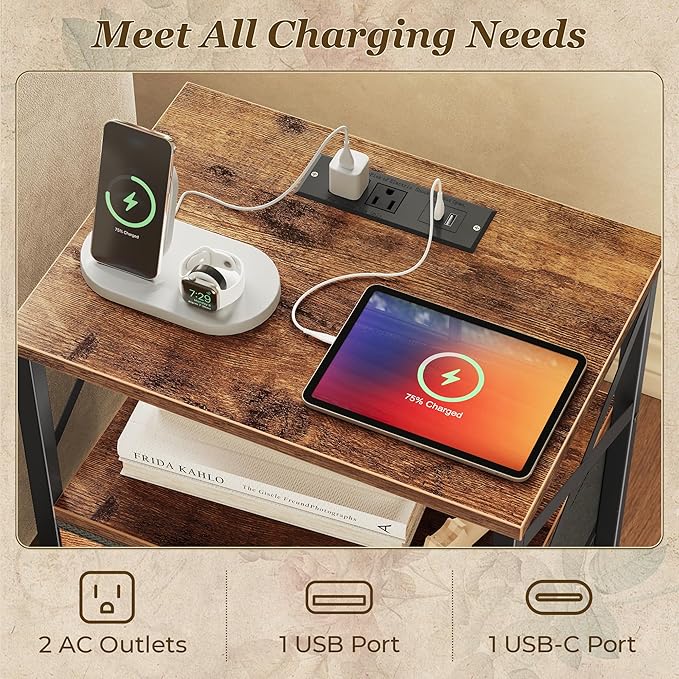 Huuger Nightstands Set of 2, Night Stand with Charger Station, 2 Drawer Side Table with Open Shelf, USB-C Port, End Table for Small Spaces, X Shaped Side Rail, Rustic Brown